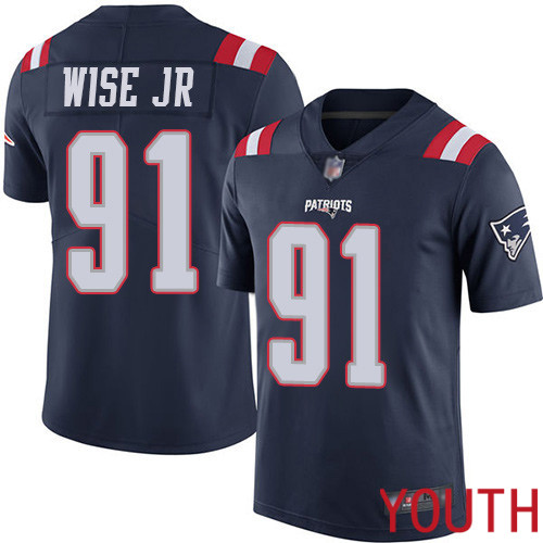 New England Patriots Football #91 Rush Vapor Limited Navy Blue Youth Deatrich Wise Jr NFL Jersey->youth nfl jersey->Youth Jersey